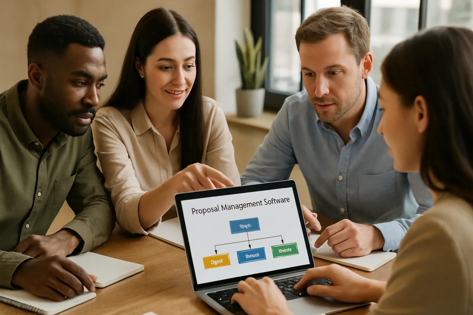 A team discusses what is proposal management software by hands-on engagement